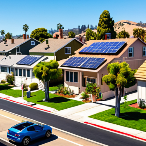 ** A bustling city street in California, lined with houses. Each house has solar panels on the roof. Include visible electric vehicle charging stations along the curb. The overall tone is bright and optimistic, suggesting a clean energy future.

**