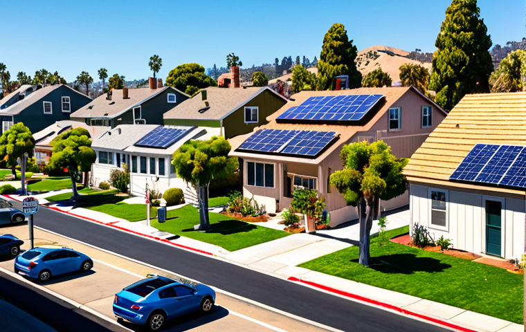 ** A bustling city street in California, lined with houses. Each house has solar panels on the roof. Include visible electric vehicle charging stations along the curb. The overall tone is bright and optimistic, suggesting a clean energy future.

**