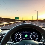 **Prompt 1:** A wide-angle view of a modern electric car driving down an expansive American interstate highway at sunset, evoking a sense of freedom and open road. Inside the car, a navigation app (like Waze or Google Maps) is visible on the dashboard, displaying real-time traffic updates and a subtle icon for a low battery or nearby charging station, highlighting the blend of advanced tech with potential range anxiety for EV drivers. Iconic large green highway signs are visible in the distance.