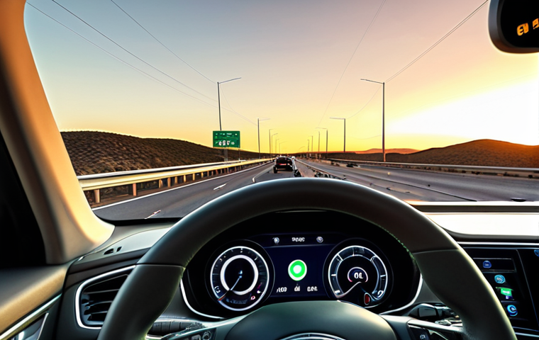 **Prompt 1:** A wide-angle view of a modern electric car driving down an expansive American interstate highway at sunset, evoking a sense of freedom and open road. Inside the car, a navigation app (like Waze or Google Maps) is visible on the dashboard, displaying real-time traffic updates and a subtle icon for a low battery or nearby charging station, highlighting the blend of advanced tech with potential range anxiety for EV drivers. Iconic large green highway signs are visible in the distance.
