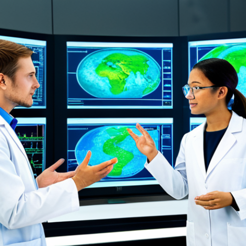 A diverse group of professional researchers, male and female, from various backgrounds, are fully clothed in clean, modest lab coats and professional smart casual attire, engaged in collaborative discussion. They are gathered around a large interactive holographic display showing complex data visualizations and scientific models, fostering interdisciplinary exchange in a bright, expansive, modern research laboratory. The background features large windows overlooking a vibrant, green city skyline, with sleek, high-tech equipment subtly integrated. Soft studio lighting, sharp focus, professional photography, high quality. Perfect anatomy, correct proportions, natural poses, well-formed hands, proper finger count, natural body proportions. Safe for work, appropriate content, fully clothed, professional dress.