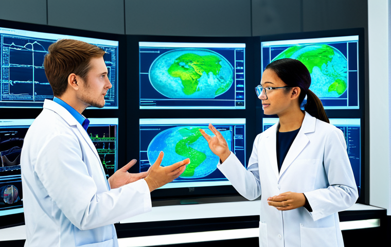 A diverse group of professional researchers, male and female, from various backgrounds, are fully clothed in clean, modest lab coats and professional smart casual attire, engaged in collaborative discussion. They are gathered around a large interactive holographic display showing complex data visualizations and scientific models, fostering interdisciplinary exchange in a bright, expansive, modern research laboratory. The background features large windows overlooking a vibrant, green city skyline, with sleek, high-tech equipment subtly integrated. Soft studio lighting, sharp focus, professional photography, high quality. Perfect anatomy, correct proportions, natural poses, well-formed hands, proper finger count, natural body proportions. Safe for work, appropriate content, fully clothed, professional dress.