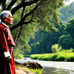 A dignified Indigenous elder, fully clothed in modest, traditional attire, stands amidst a vibrant, untouched natural landscape with ancient trees and a serene river. The elder's posture is calm and respectful, reflecting a deep spiritual connection to the land and nature. The scene is bathed in soft, diffused daylight, highlighting the intricate details of their clothing and the rich textures of the environment. The overall image conveys a sense of ancient wisdom, ecological harmony, and profound respect for the earth. Professional photography, high quality, perfect anatomy, correct proportions, natural pose, well-formed hands, proper finger count, natural body proportions, safe for work, appropriate content, family-friendly.