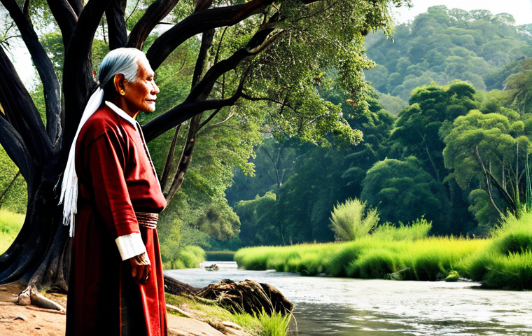 A dignified Indigenous elder, fully clothed in modest, traditional attire, stands amidst a vibrant, untouched natural landscape with ancient trees and a serene river. The elder's posture is calm and respectful, reflecting a deep spiritual connection to the land and nature. The scene is bathed in soft, diffused daylight, highlighting the intricate details of their clothing and the rich textures of the environment. The overall image conveys a sense of ancient wisdom, ecological harmony, and profound respect for the earth. Professional photography, high quality, perfect anatomy, correct proportions, natural pose, well-formed hands, proper finger count, natural body proportions, safe for work, appropriate content, family-friendly.