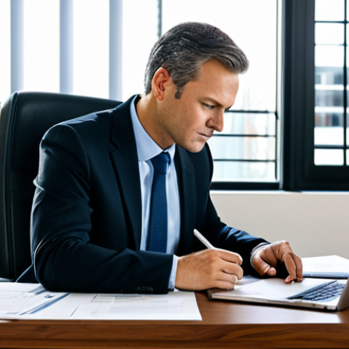A professional adult in a modest business suit, seated at a polished wooden desk in a modern, well-lit office. The desk is meticulously organized with stacks of legal documents, a laptop displaying a government website, and an open passport. The person is focused, carefully reviewing paperwork with a pen in hand, embodying diligence and responsibility. Soft, natural light streams in from a large window. Fully clothed, appropriate attire, professional dress, safe for work, appropriate content, family-friendly, perfect anatomy, correct proportions, natural pose, well-formed hands, proper finger count, natural body proportions, professional photography, high quality, ultra-detailed.