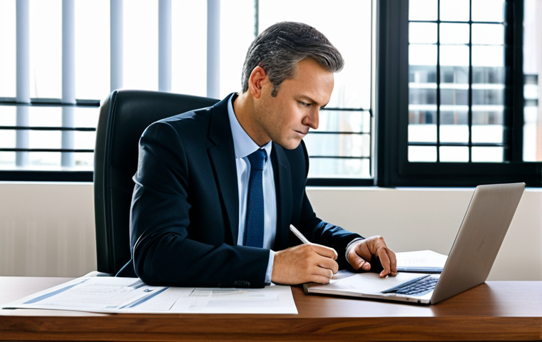 A professional adult in a modest business suit, seated at a polished wooden desk in a modern, well-lit office. The desk is meticulously organized with stacks of legal documents, a laptop displaying a government website, and an open passport. The person is focused, carefully reviewing paperwork with a pen in hand, embodying diligence and responsibility. Soft, natural light streams in from a large window. Fully clothed, appropriate attire, professional dress, safe for work, appropriate content, family-friendly, perfect anatomy, correct proportions, natural pose, well-formed hands, proper finger count, natural body proportions, professional photography, high quality, ultra-detailed.