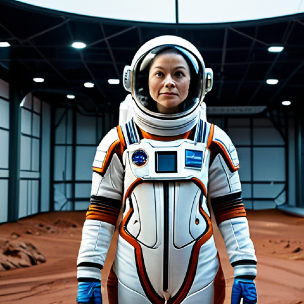 **

A determined female astronaut, fully clothed in a modern spacesuit, standing on a simulated Martian landscape inside a high-tech research facility, appropriate attire, safe for work, perfect anatomy, correct proportions, professional photography, high quality, family-friendly.

**