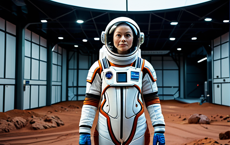**

A determined female astronaut, fully clothed in a modern spacesuit, standing on a simulated Martian landscape inside a high-tech research facility, appropriate attire, safe for work, perfect anatomy, correct proportions, professional photography, high quality, family-friendly.

**
