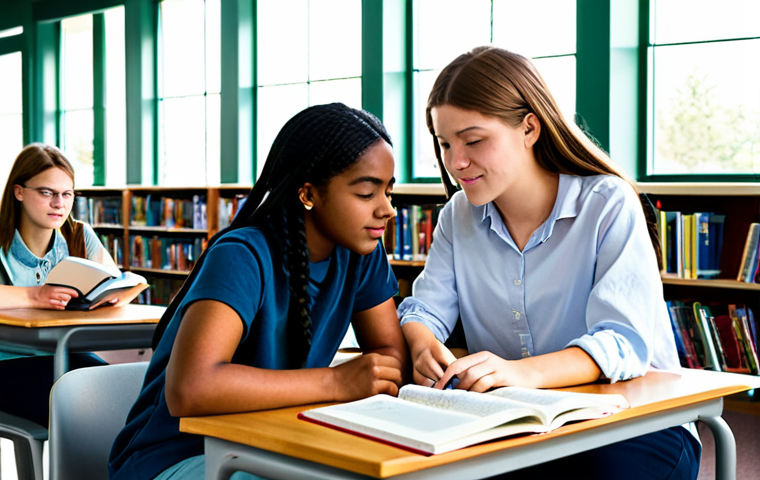 **

"A diverse group of fully clothed high school students studying together in a bright, modern library with large windows, appropriate content, safe for work. Bookshelves are filled, sunlight streams in, creating a warm and inviting atmosphere. Perfect anatomy, correct proportions, natural pose, well-formed hands, proper finger count. The students are wearing modest, casual clothing, professional, family-friendly. High quality, professional photography."

**