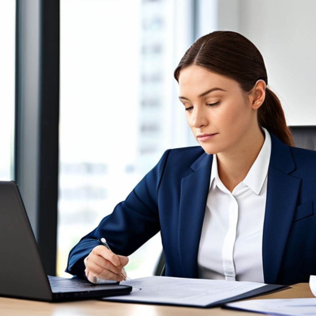 **

"A professional businesswoman in a modest business suit, sitting at a modern office desk, reviewing documents, fully clothed, appropriate attire, safe for work, perfect anatomy, natural proportions, professional photography, high quality, family-friendly, focused on career development, modern office setting, well-lit."

**