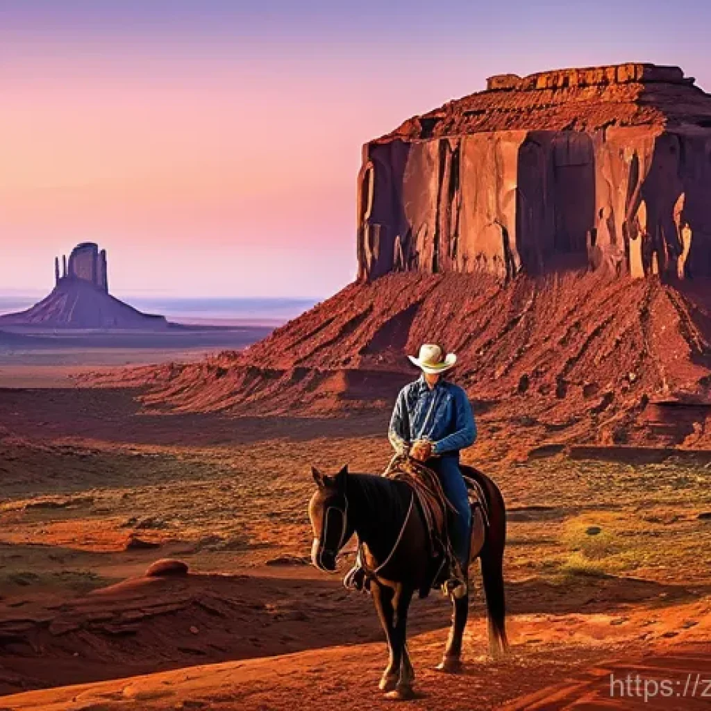 미국 서부 영화 촬영지 - **Prompt 1: Monument Valley Wanderer**
    A lone cowboy figure in classic, rugged Western attire (d...