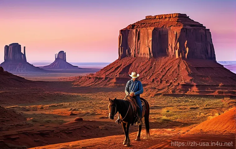 미국 서부 영화 촬영지 - **Prompt 1: Monument Valley Wanderer**
    A lone cowboy figure in classic, rugged Western attire (d...