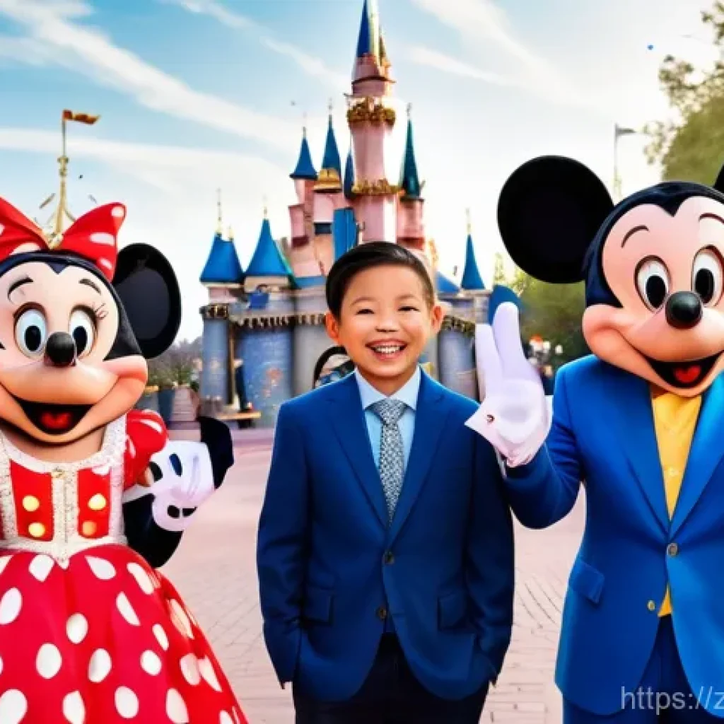 미국 디즈니랜드 꿀팁 - A cheerful family, consisting of two parents and two children (a girl around 8 and a boy around 10),...