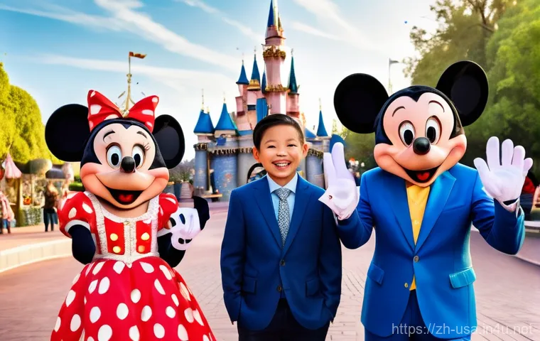 미국 디즈니랜드 꿀팁 - A cheerful family, consisting of two parents and two children (a girl around 8 and a boy around 10),...