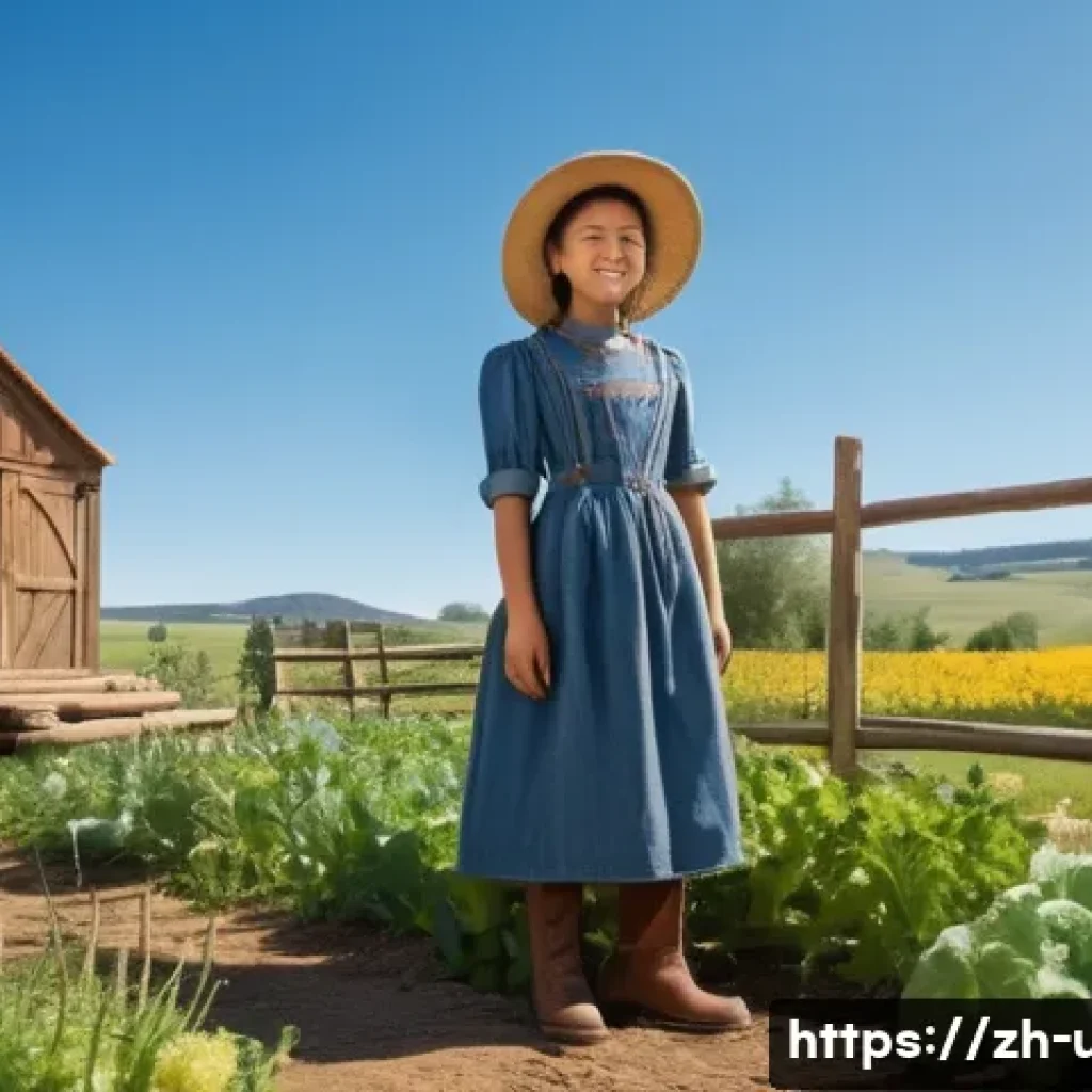 미국 서부 개척시대 생활상 - **A sun-drenched Western landscape, 1880s.** A young woman in a denim dress and practical leather bo...