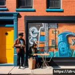 뉴욕 관광 필수 코스 - **Urban Artistry and Cozy Corners:**
    A dynamic, authentic street scene in a historic New York ne...