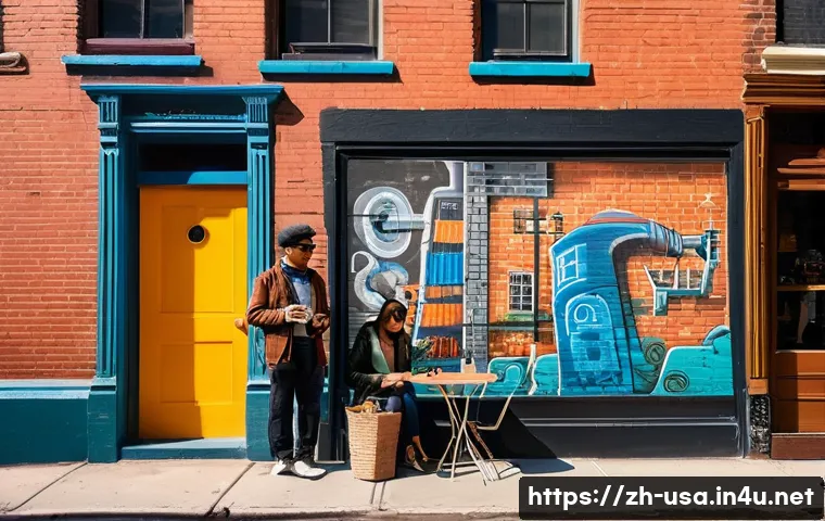 뉴욕 관광 필수 코스 - **Urban Artistry and Cozy Corners:**
    A dynamic, authentic street scene in a historic New York ne...