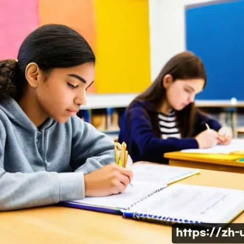 미국 대입시험 SAT   ACT 차이 - A modern classroom scene illustrating two students taking standardized tests side by side: one focus...