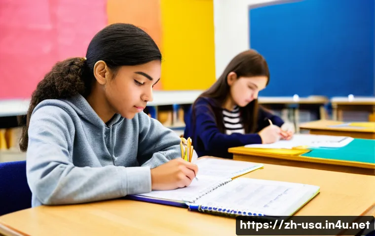 미국 대입시험 SAT   ACT 차이 - A modern classroom scene illustrating two students taking standardized tests side by side: one focus...