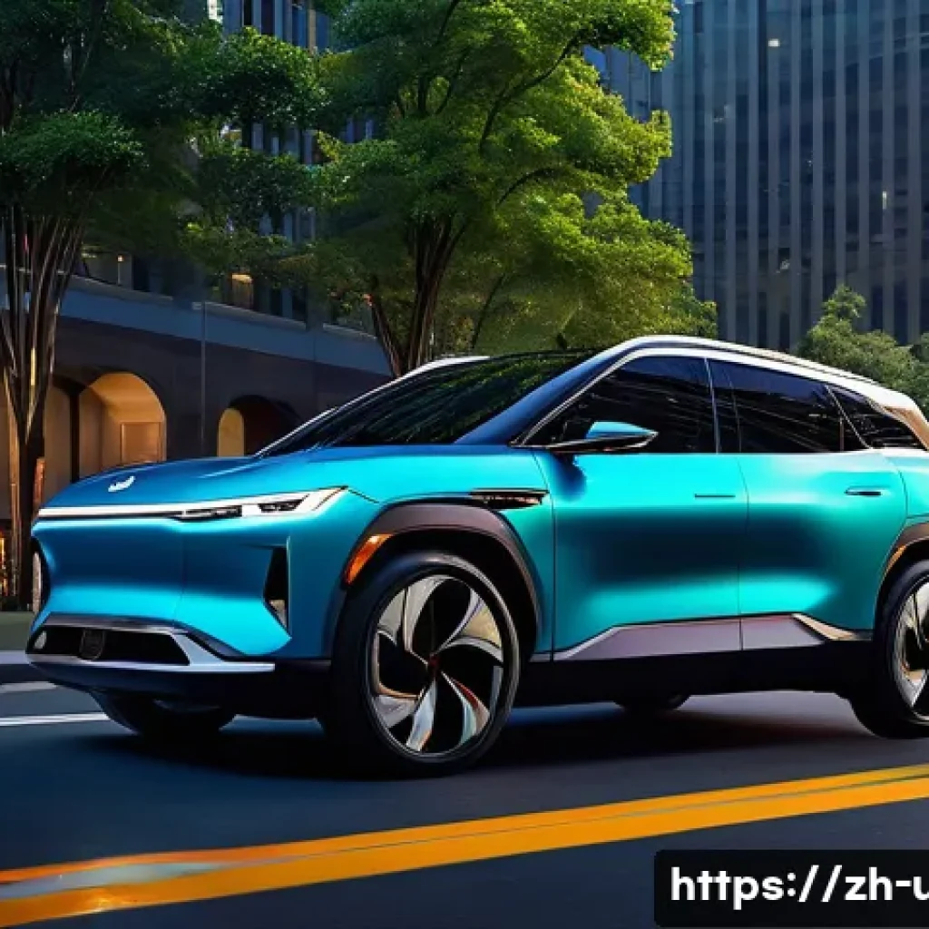 미국 자동차 산업 변화 - A futuristic electric SUV parked in a modern urban environment during twilight, featuring sleek aero...