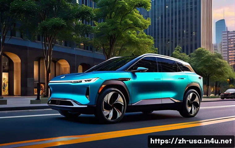 미국 자동차 산업 변화 - A futuristic electric SUV parked in a modern urban environment during twilight, featuring sleek aero...