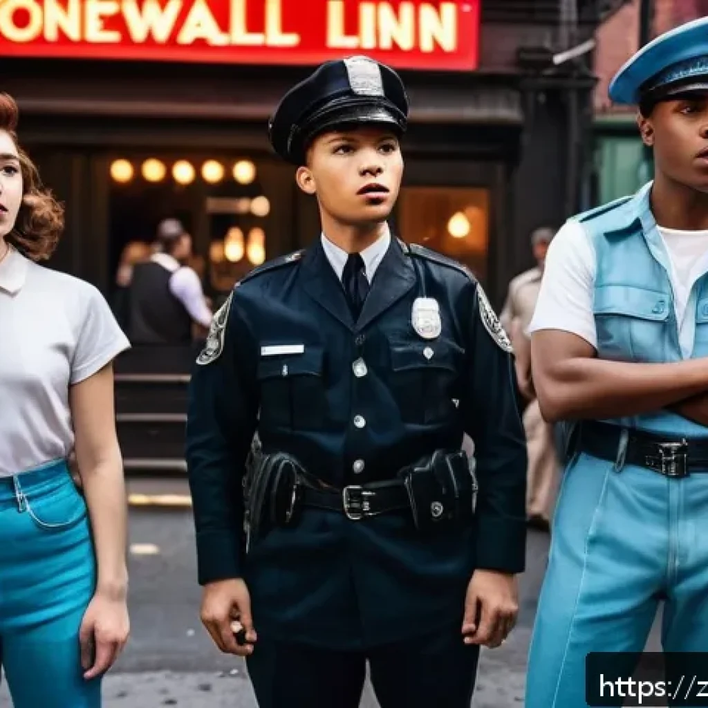 미국 LGBT 역사 - A historically inspired scene depicting a 1960s LGBTQ+ protest outside the Stonewall Inn in New York...