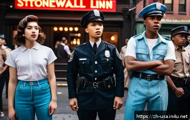 미국 LGBT 역사 - A historically inspired scene depicting a 1960s LGBTQ+ protest outside the Stonewall Inn in New York...