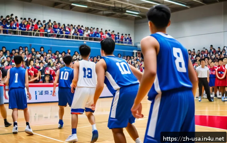 미국 대학 스포츠 문화 - A dynamic college basketball game scene on an indoor court, featuring a diverse team of athletes in ...