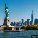 미국 자유의 여신상 역사 - A grand, detailed depiction of the Statue of Liberty standing tall on Liberty Island in New York Har...