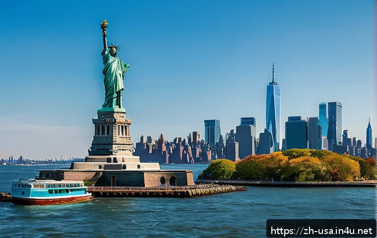 미국 자유의 여신상 역사 - A grand, detailed depiction of the Statue of Liberty standing tall on Liberty Island in New York Har...
