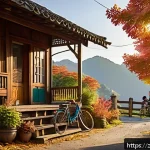 미국 시골 마을 여행지 - A peaceful American rural village scene at dawn, featuring a traditional wooden house with a porch a...