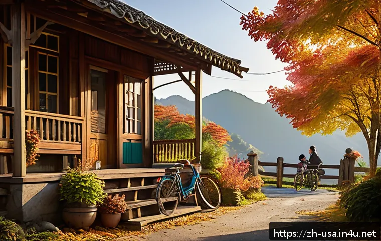 미국 시골 마을 여행지 - A peaceful American rural village scene at dawn, featuring a traditional wooden house with a porch a...