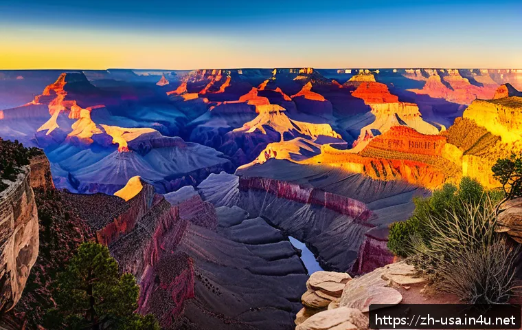 미국 그랜드캐년 여행 - A breathtaking panoramic view of the Grand Canyon&rsquo;s South Rim at sunrise, featuring iconic viewpoint...