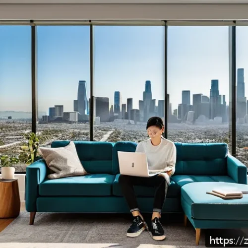미국 아파트 렌트 가이드 - A modern urban apartment interior in Los Angeles showcasing a young adult tenant thoughtfully review...