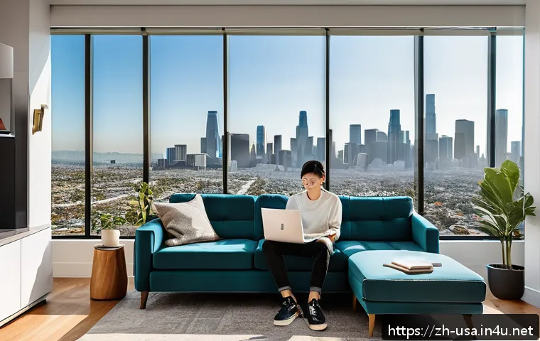 미국 아파트 렌트 가이드 - A modern urban apartment interior in Los Angeles showcasing a young adult tenant thoughtfully review...