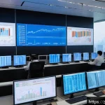 미국 경제위기 예측 - A detailed futuristic financial control room with large digital screens displaying complex graphs of...