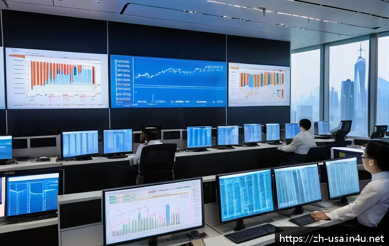 미국 경제위기 예측 - A detailed futuristic financial control room with large digital screens displaying complex graphs of...