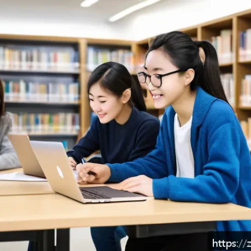 미국 대학 랭킹 - A diverse group of enthusiastic international college applicants studying together in a bright, mode...