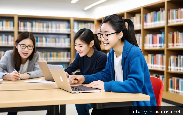 미국 대학 랭킹 - A diverse group of enthusiastic international college applicants studying together in a bright, mode...