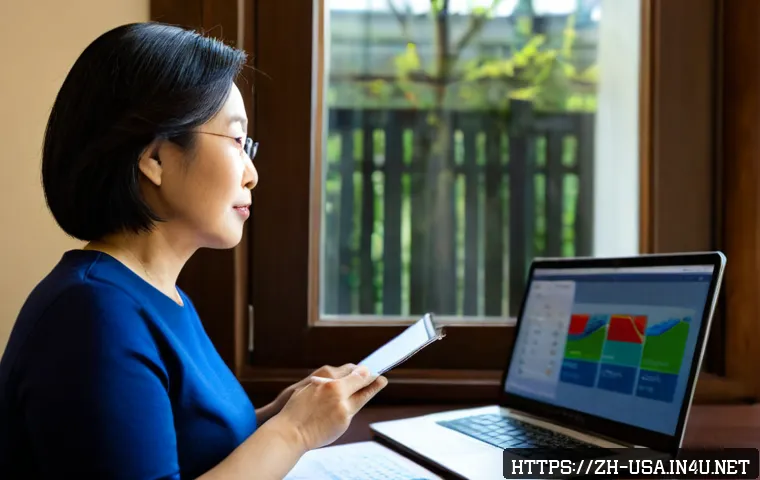 미국 신용점수 관리 방법 - Photorealistic American home office scene, a middle-aged Asian woman carefully reviewing a clean cre...