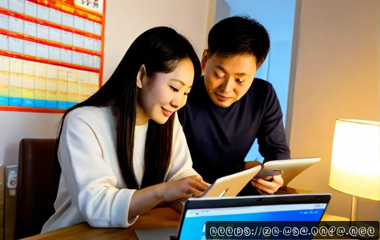 미국 브로드웨이 뮤지컬 예매 방법 - Photorealistic travel-planning scene, an adult East Asian couple seated at a tidy apartment desk, co...