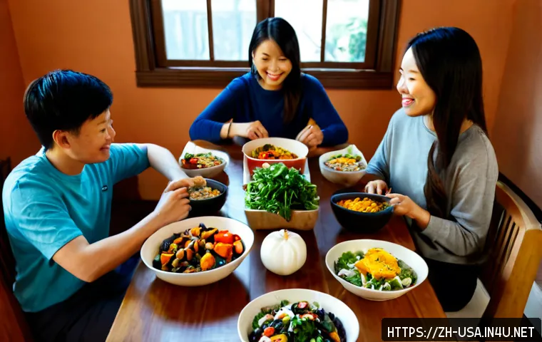 미국 채식주의 문화 - Photorealistic American vegetarian home dinner, diverse adult friends gathered around a wooden dinin...